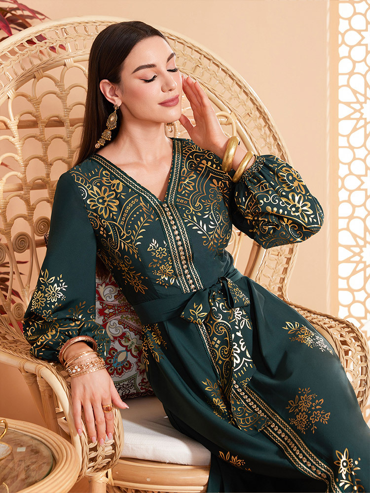 Middle East Muslim WomenS Fashion Dress Evening Lantern Sleeve Dress Spot